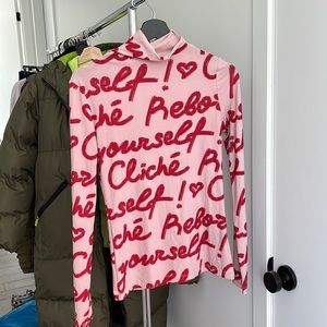 Pink Script Print Long-Sleeve Turtleneck Top